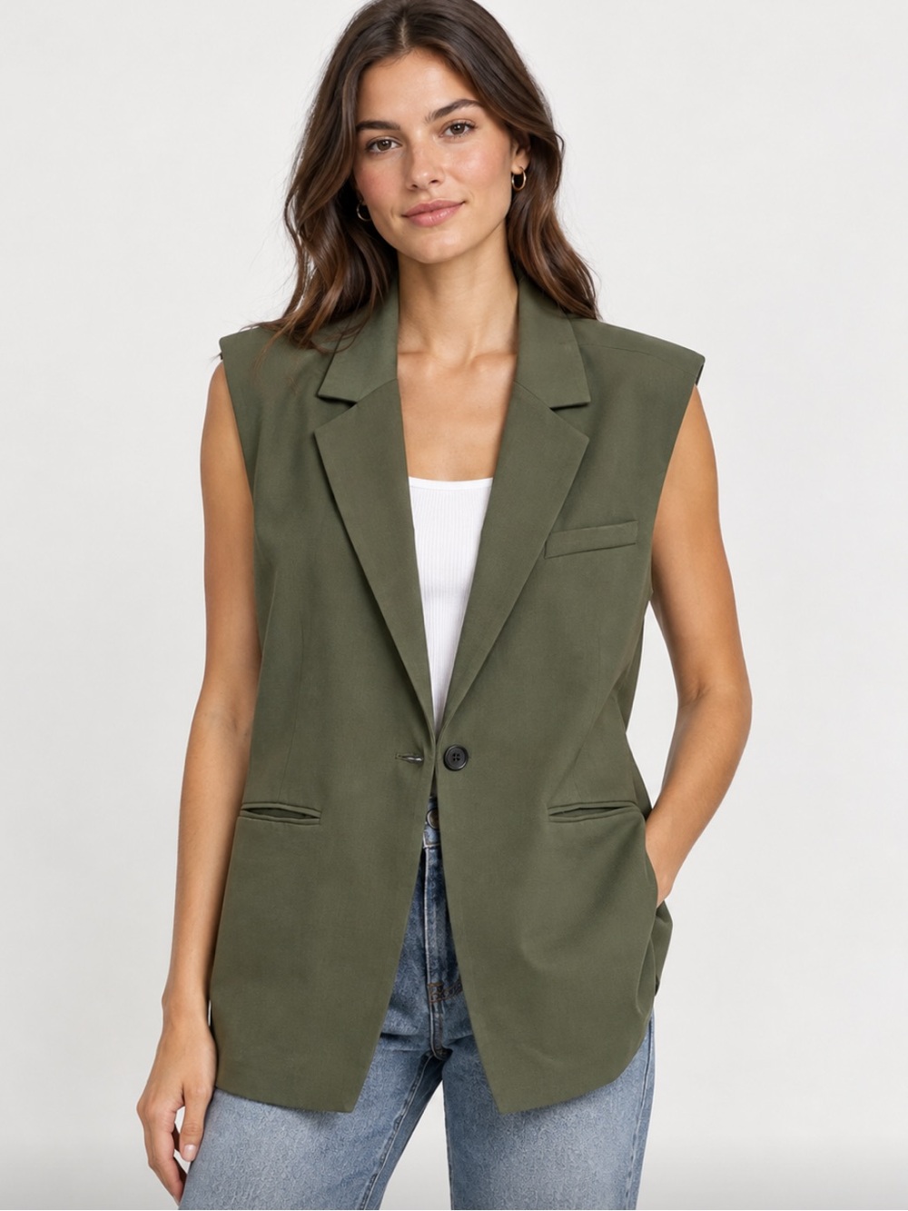 Open Edit Olive Sleeveless Blazer Vest